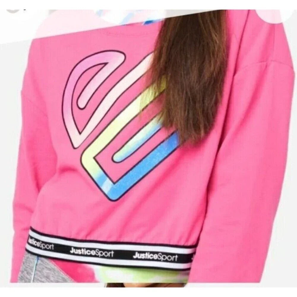 Justice Sweatshirt For Girls Pink Size XL Crop Logo Graphic with Tie Dye Bra